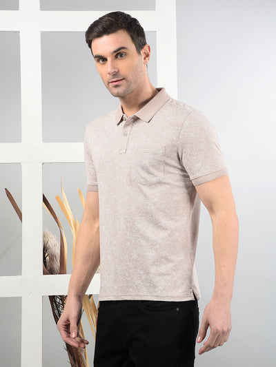 Beige Floral Print Polo Neck T-Shirt-Men T-Shirts-Crimsoune Club