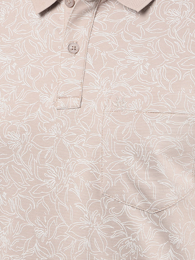 Beige Floral Print Polo Neck T-Shirt-Men T-Shirts-Crimsoune Club