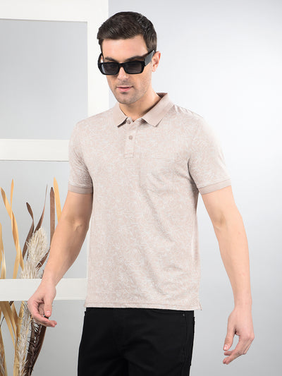 Beige Floral Print Polo Neck T-Shirt-Men T-Shirts-Crimsoune Club