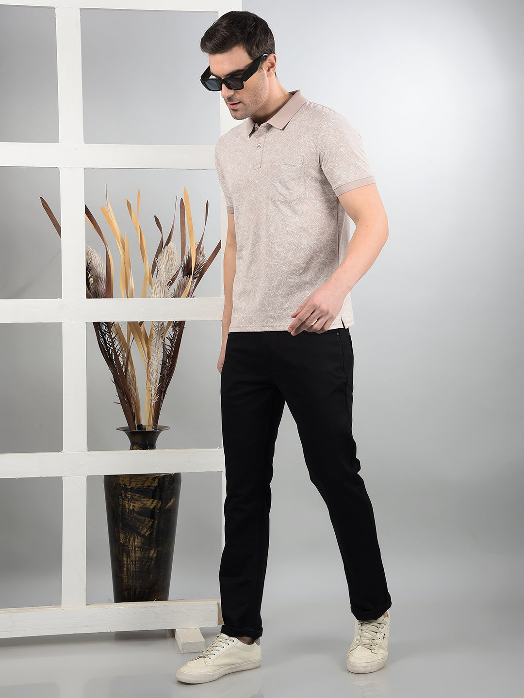 Beige Floral Print Polo Neck T-Shirt-Men T-Shirts-Crimsoune Club