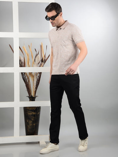 Beige Floral Print Polo Neck T-Shirt-Men T-Shirts-Crimsoune Club
