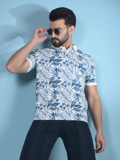 Blue Floral Print Polo-Neck T-Shirt-Men T-Shirts-Crimsoune Club