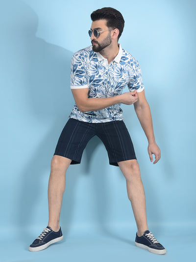 Blue Floral Print Polo-Neck T-Shirt-Men T-Shirts-Crimsoune Club