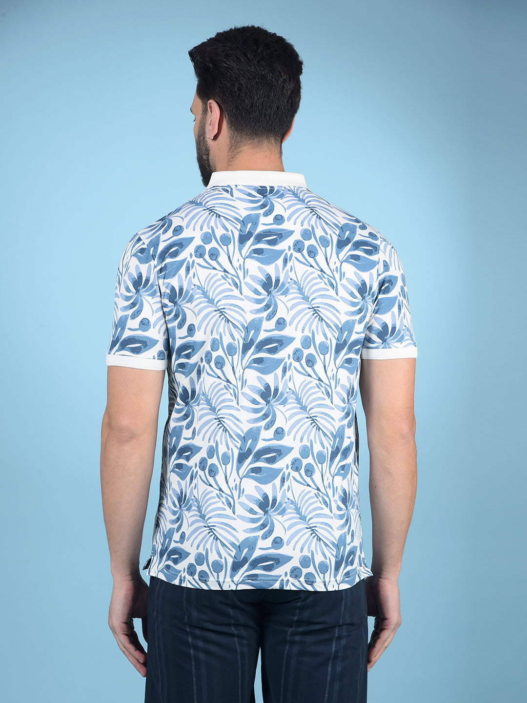 Blue Floral Print Polo-Neck T-Shirt-Men T-Shirts-Crimsoune Club