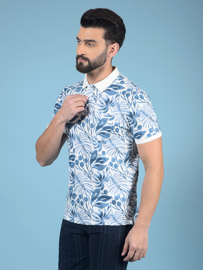 Blue Floral Print Polo-Neck T-Shirt-Men T-Shirts-Crimsoune Club