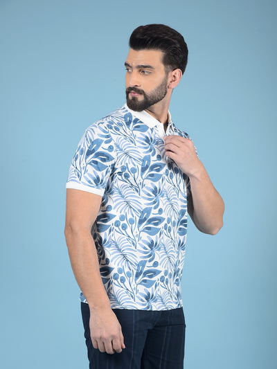 Blue Floral Print Polo-Neck T-Shirt-Men T-Shirts-Crimsoune Club