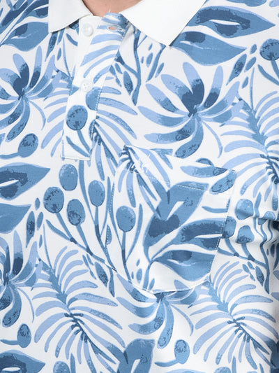 Blue Floral Print Polo-Neck T-Shirt-Men T-Shirts-Crimsoune Club
