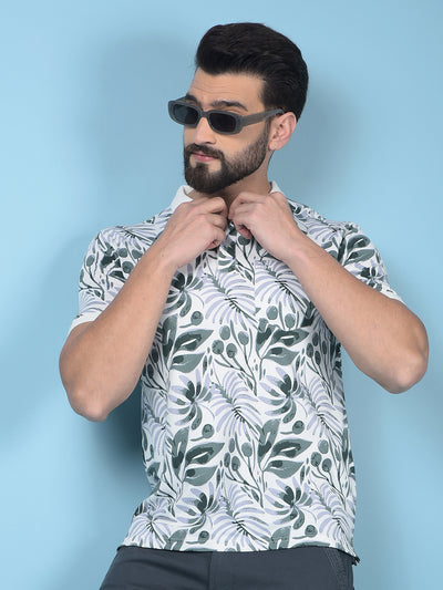 Green Floral Print Polo-Neck T-Shirt-Men T-Shirts-Crimsoune Club