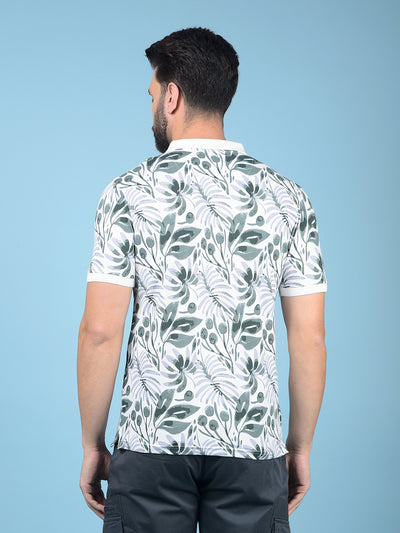Green Floral Print Polo-Neck T-Shirt-Men T-Shirts-Crimsoune Club