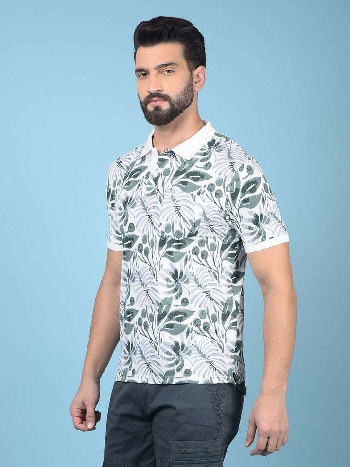 Green Floral Print Polo-Neck T-Shirt-Men T-Shirts-Crimsoune Club