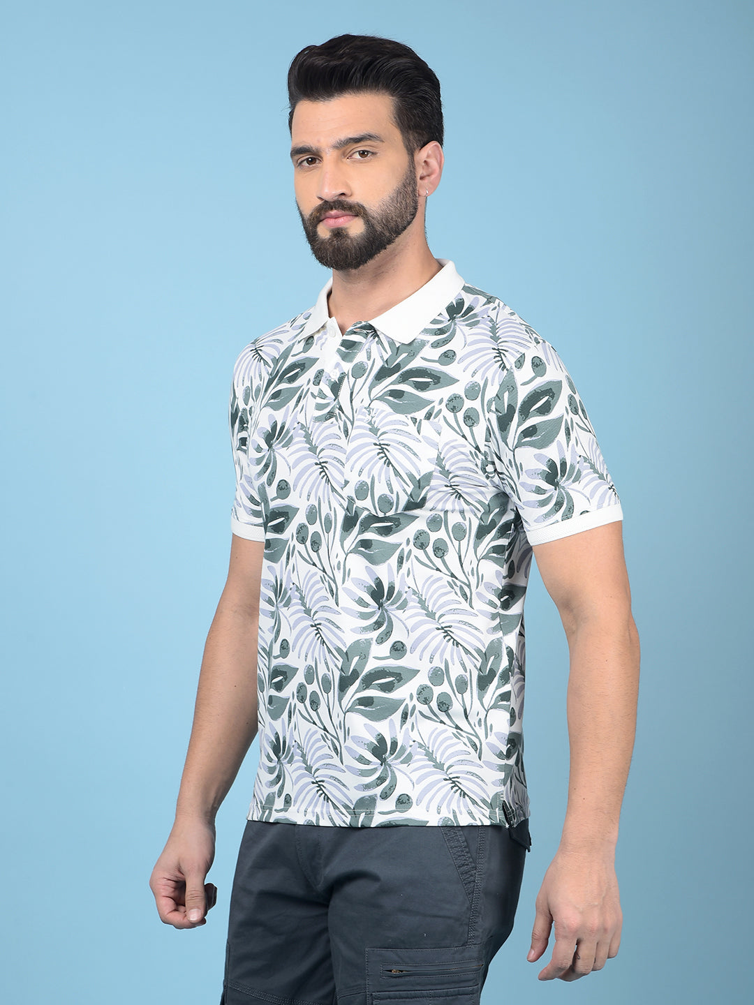 Green Floral Print Polo-Neck T-Shirt-Men T-Shirts-Crimsoune Club