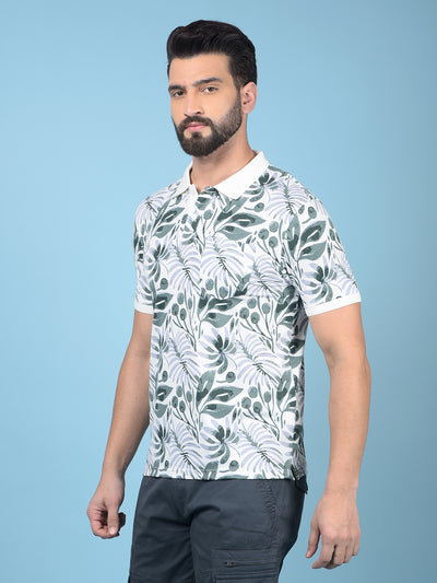 Green Floral Print Polo-Neck T-Shirt-Men T-Shirts-Crimsoune Club