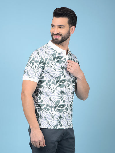 Green Floral Print Polo-Neck T-Shirt-Men T-Shirts-Crimsoune Club