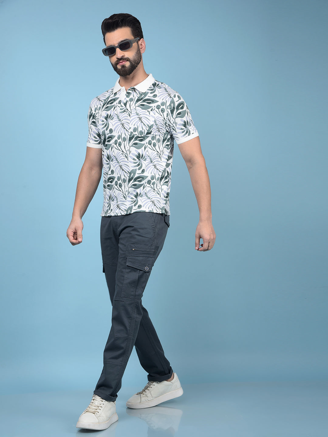 Green Floral Print Polo-Neck T-Shirt-Men T-Shirts-Crimsoune Club
