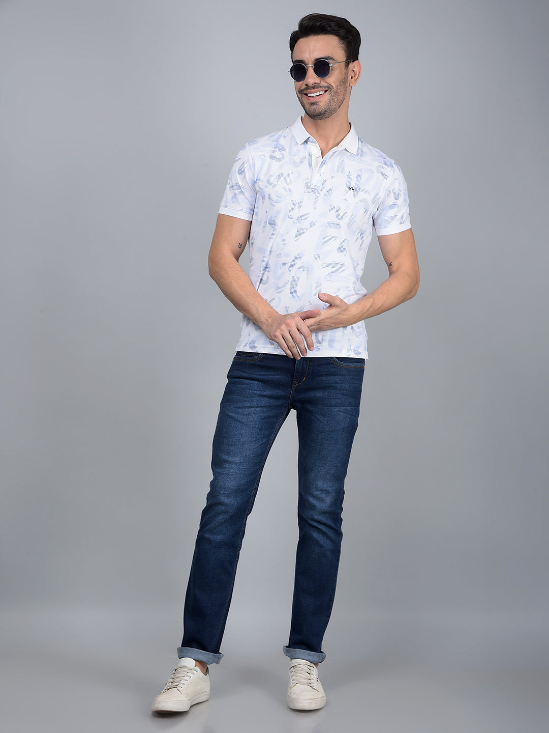 Blue Floral Print Polo Neck T-Shirt-Men T-Shirts-Crimsoune Club