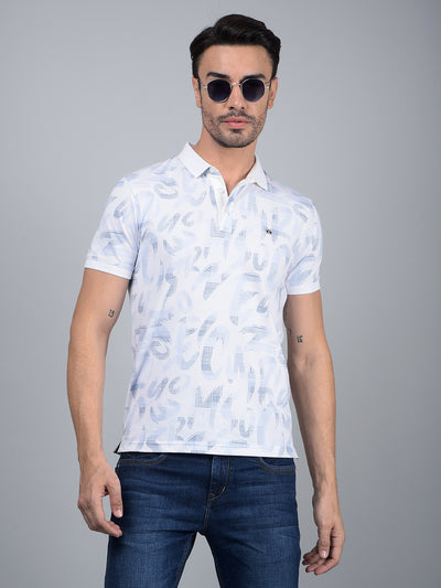 Blue Floral Print Polo Neck T-Shirt-Men T-Shirts-Crimsoune Club