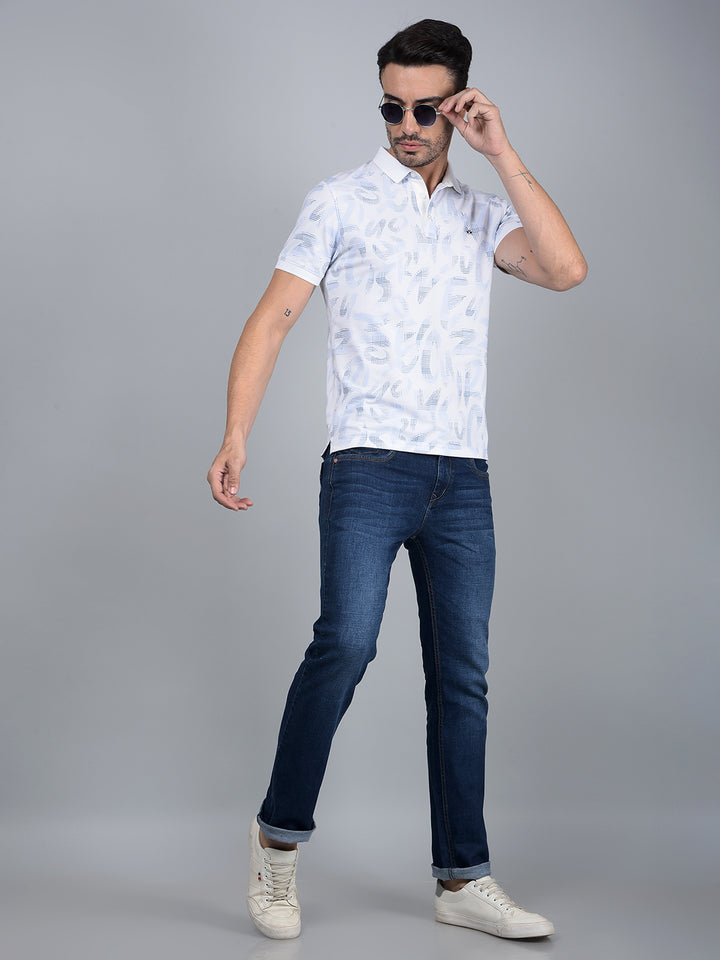 Blue Floral Print Polo Neck T-Shirt-Men T-Shirts-Crimsoune Club