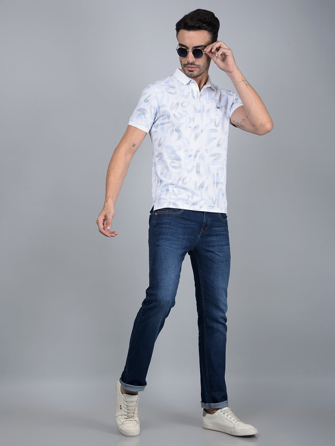 Blue Floral Print Polo Neck T-Shirt-Men T-Shirts-Crimsoune Club