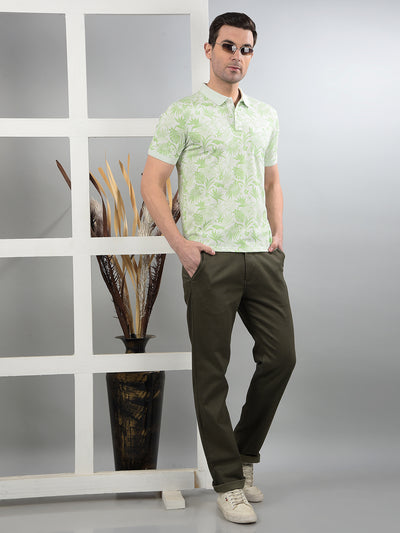 Green Floral Print Polo Neck T-Shirt-Men T-Shirts-Crimsoune Club