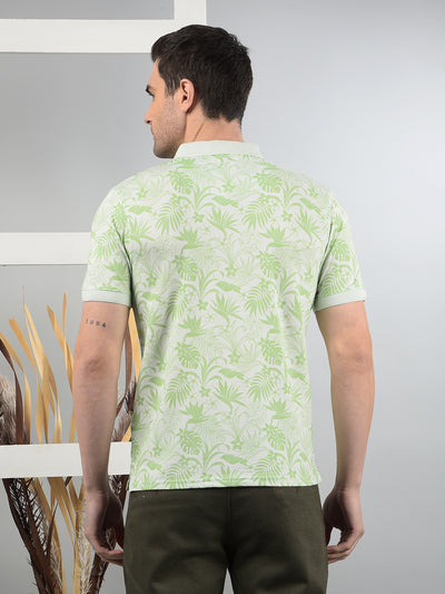 Green Floral Print Polo Neck T-Shirt-Men T-Shirts-Crimsoune Club