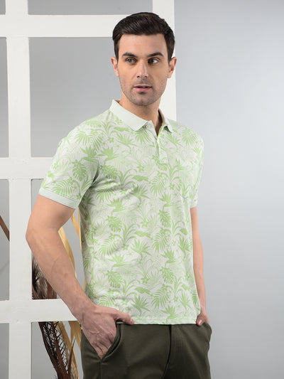 Green Floral Print Polo Neck T-Shirt-Men T-Shirts-Crimsoune Club