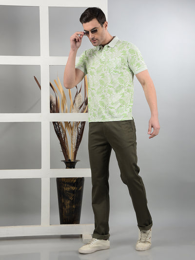 Green Floral Print Polo Neck T-Shirt-Men T-Shirts-Crimsoune Club