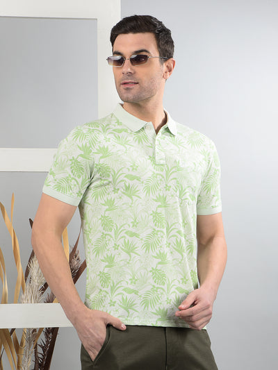 Green Floral Print Polo Neck T-Shirt-Men T-Shirts-Crimsoune Club