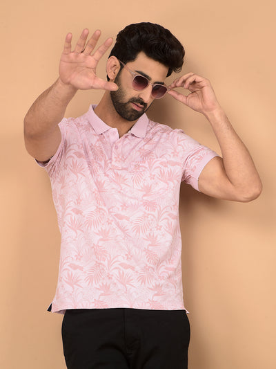 Pink Floral Print Polo Neck T-Shirt-Men T-Shirts-Crimsoune Club