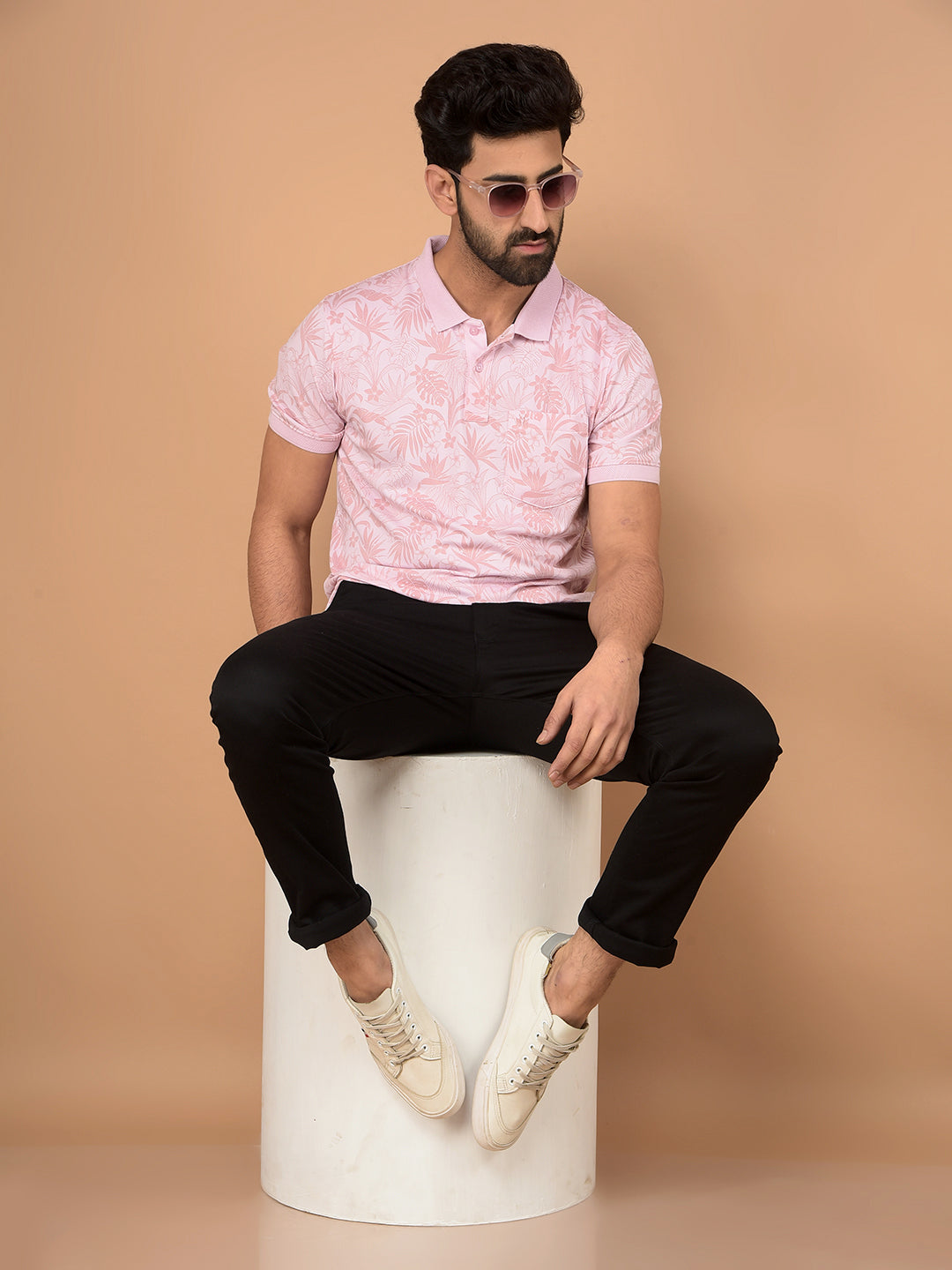 Pink Floral Print Polo Neck T-Shirt-Men T-Shirts-Crimsoune Club