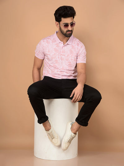 Pink Floral Print Polo Neck T-Shirt-Men T-Shirts-Crimsoune Club