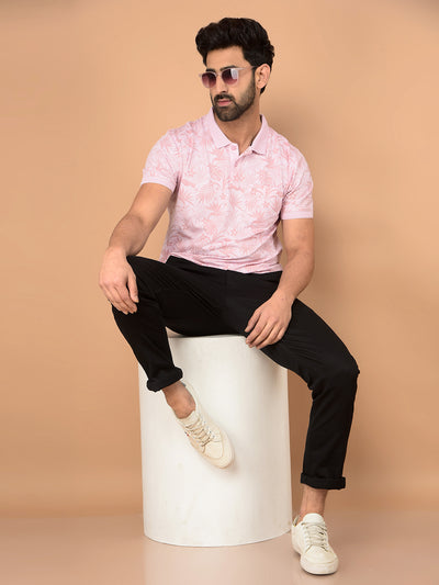 Pink Floral Print Polo Neck T-Shirt-Men T-Shirts-Crimsoune Club