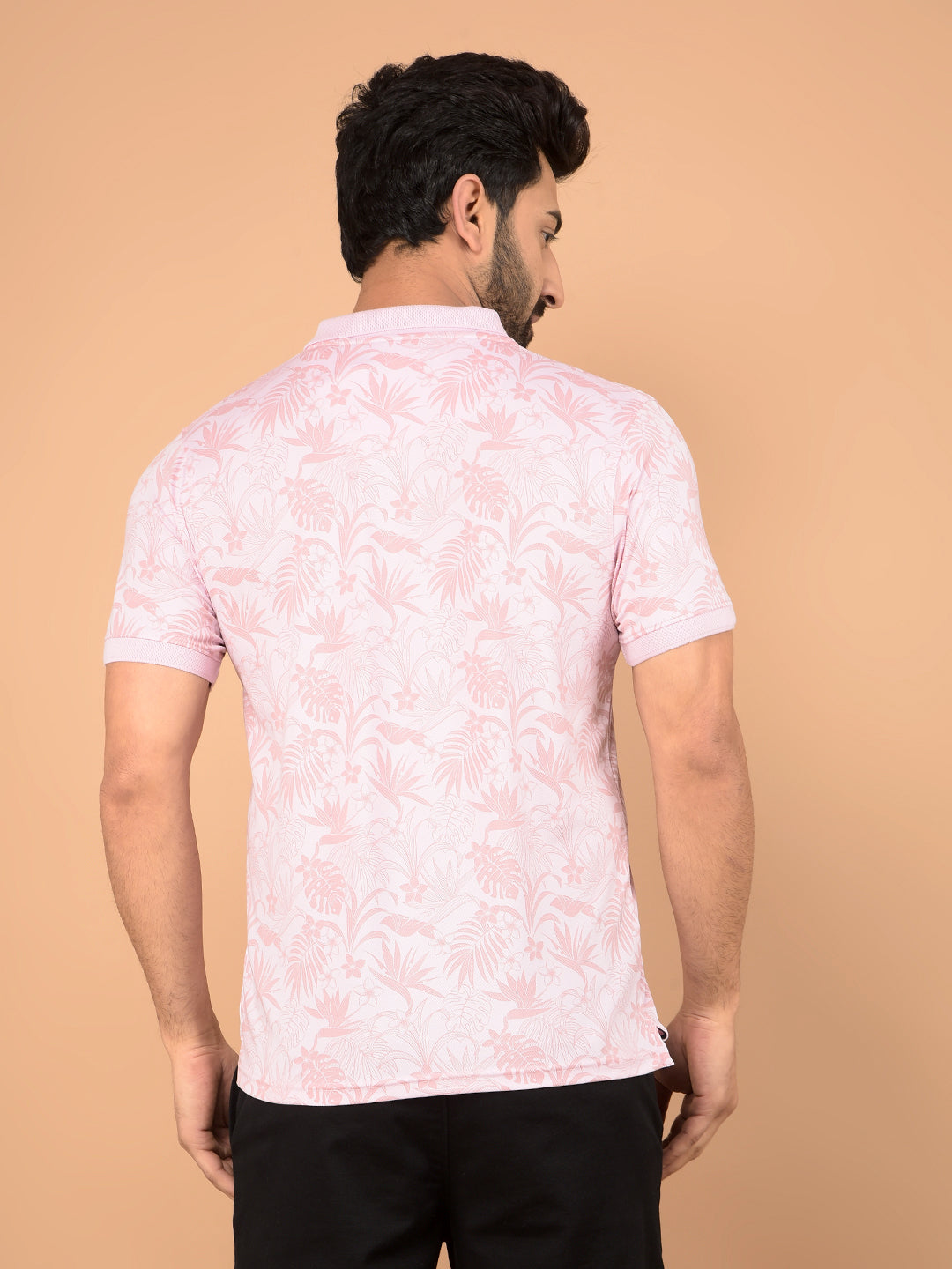 Pink Floral Print Polo Neck T-Shirt-Men T-Shirts-Crimsoune Club