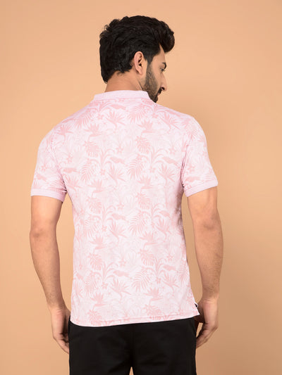 Pink Floral Print Polo Neck T-Shirt-Men T-Shirts-Crimsoune Club