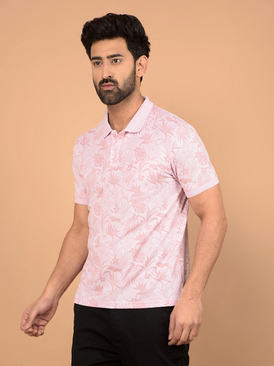 Pink Floral Print Polo Neck T-Shirt-Men T-Shirts-Crimsoune Club