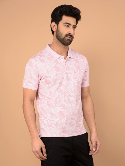 Pink Floral Print Polo Neck T-Shirt-Men T-Shirts-Crimsoune Club