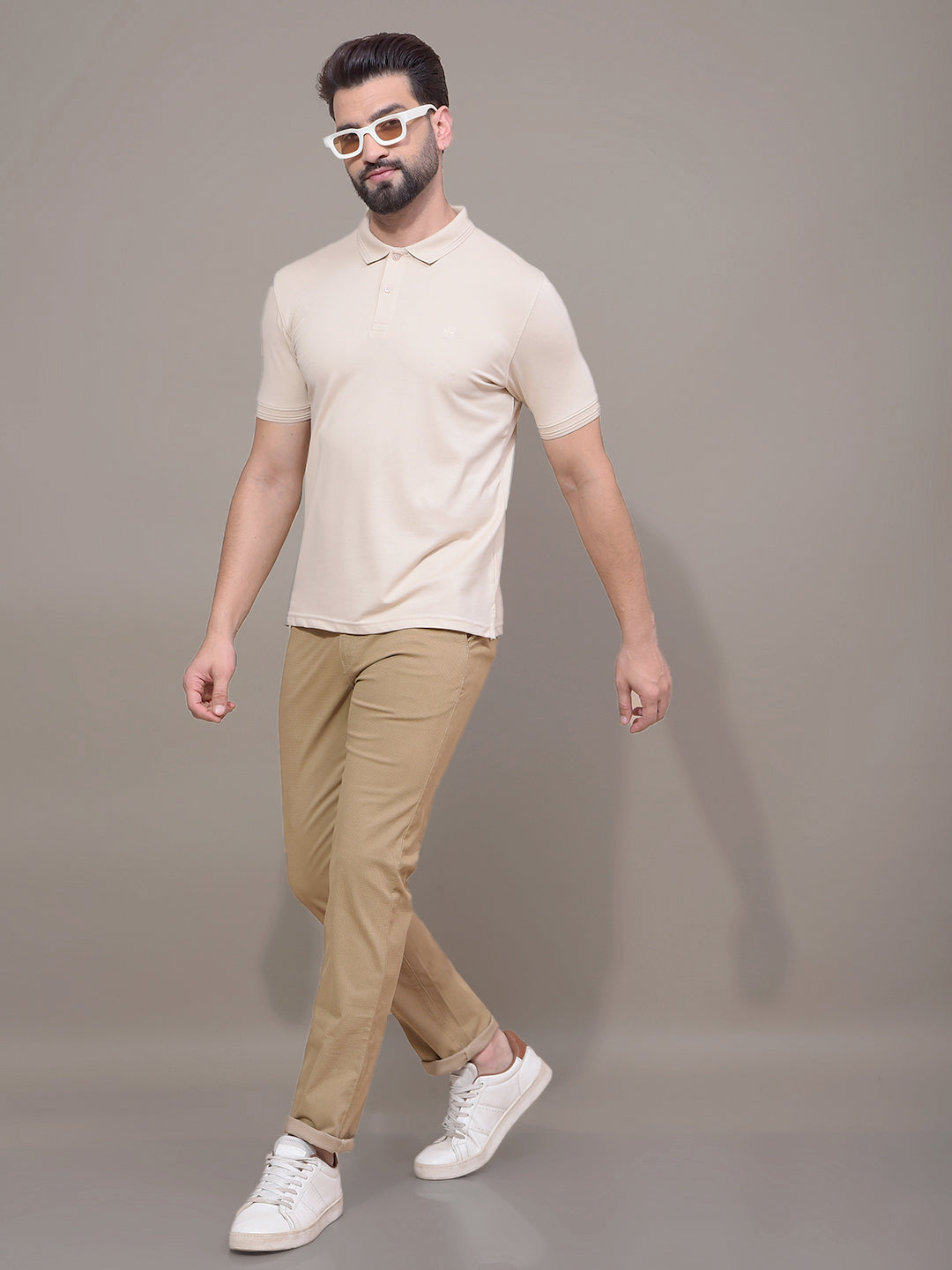 Beige Polo Neck T-Shirt-Men T-Shirts-Crimsoune Club