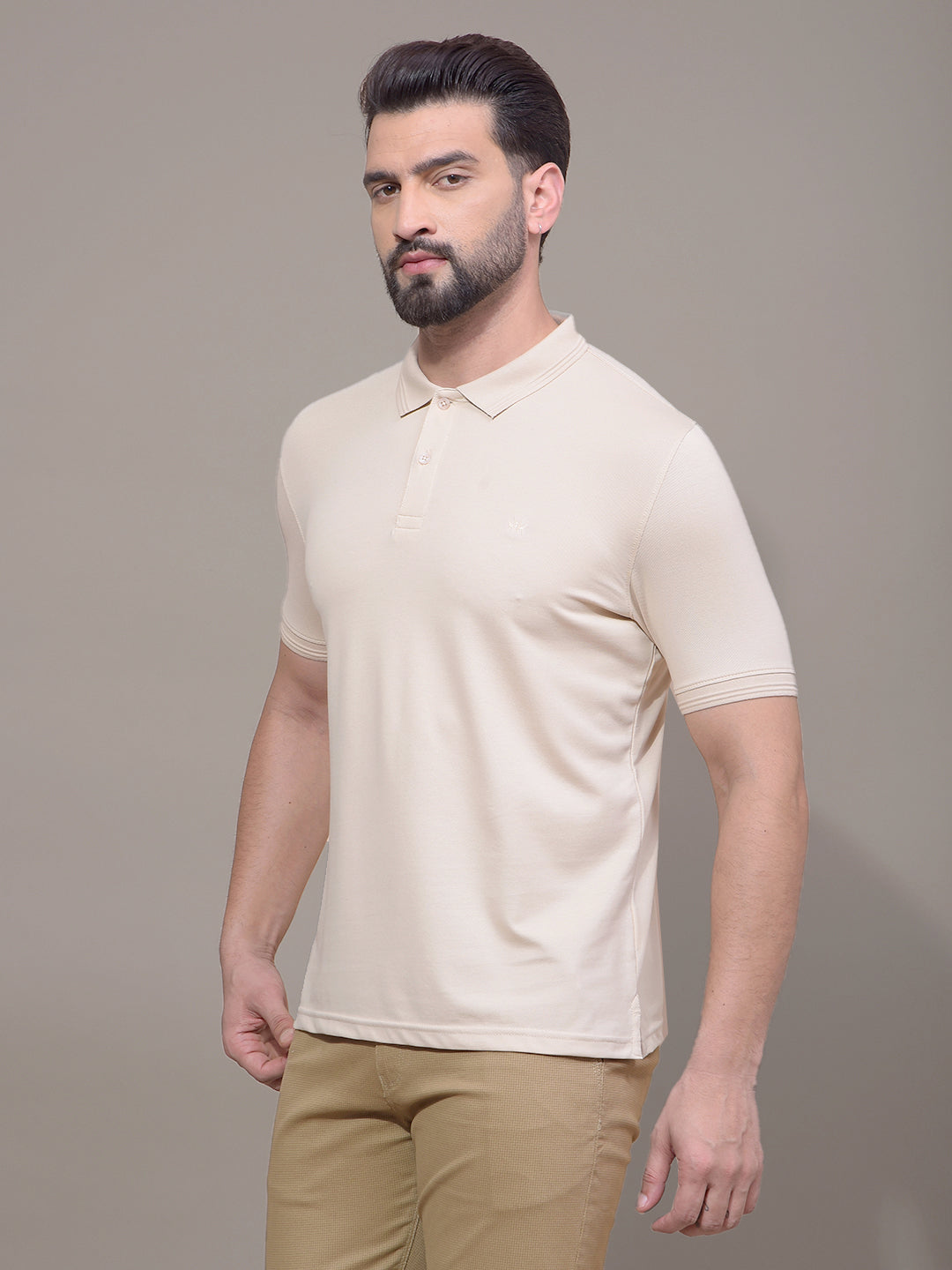 Beige Polo Neck T-Shirt-Men T-Shirts-Crimsoune Club