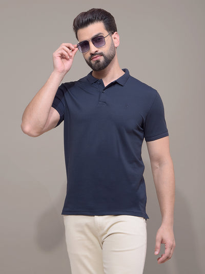 Navy Blue Polo Neck T-Shirt-Men T-Shirts-Crimsoune Club