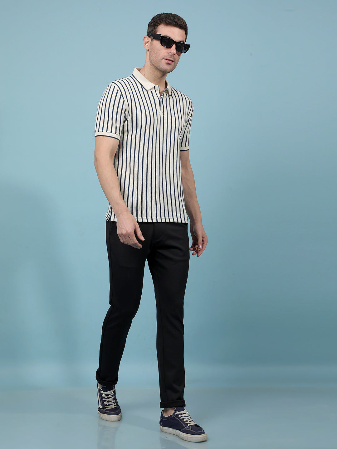 Navy Blue Vertical Stripes Polo-Neck T-Shirt-Men T-Shirts-Crimsoune Club
