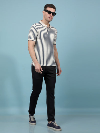 Navy Blue Vertical Stripes Polo-Neck T-Shirt-Men T-Shirts-Crimsoune Club