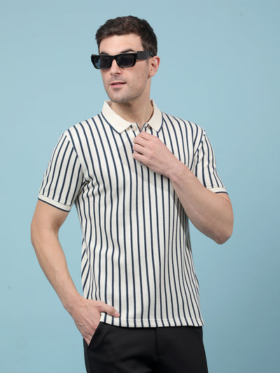 Navy Blue Vertical Stripes Polo-Neck T-Shirt-Men T-Shirts-Crimsoune Club