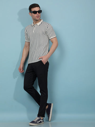Navy Blue Vertical Stripes Polo-Neck T-Shirt-Men T-Shirts-Crimsoune Club