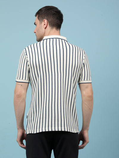 Navy Blue Vertical Stripes Polo-Neck T-Shirt-Men T-Shirts-Crimsoune Club