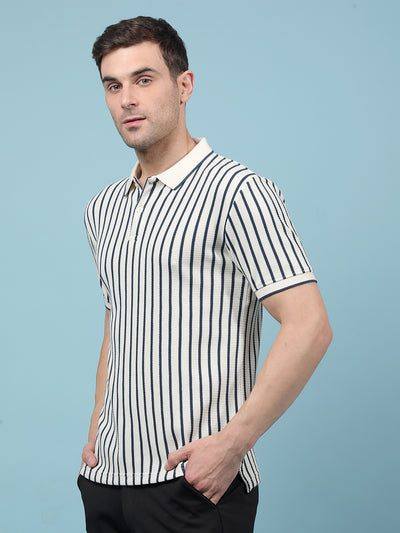 Navy Blue Vertical Stripes Polo-Neck T-Shirt-Men T-Shirts-Crimsoune Club