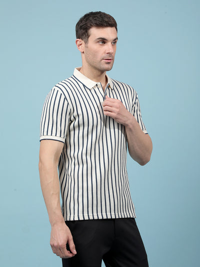 Navy Blue Vertical Stripes Polo-Neck T-Shirt-Men T-Shirts-Crimsoune Club