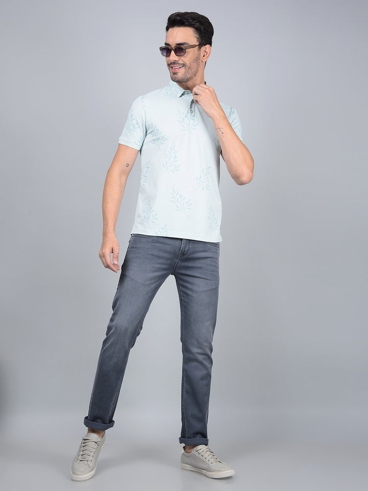 Green Floral Print Polo Neck T-Shirt-Men T-Shirts-Crimsoune Club