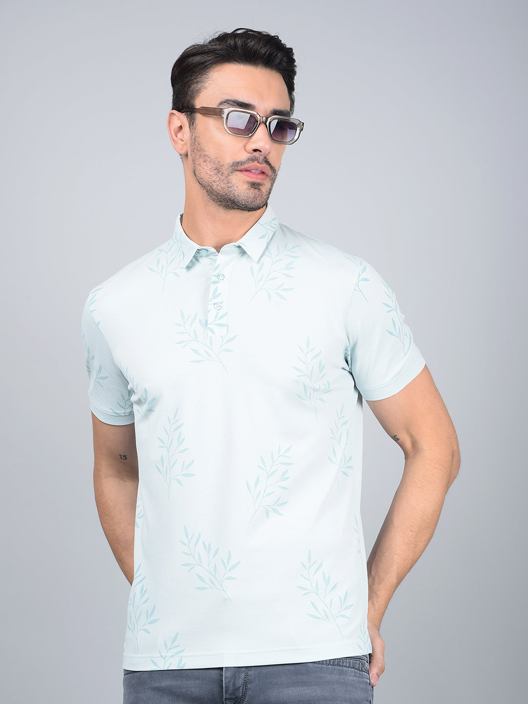 Green Floral Print Polo Neck T-Shirt-Men T-Shirts-Crimsoune Club