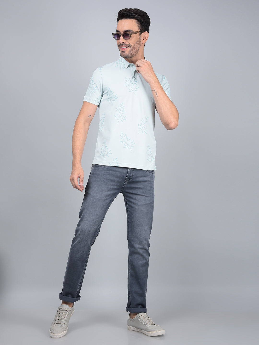 Green Floral Print Polo Neck T-Shirt-Men T-Shirts-Crimsoune Club