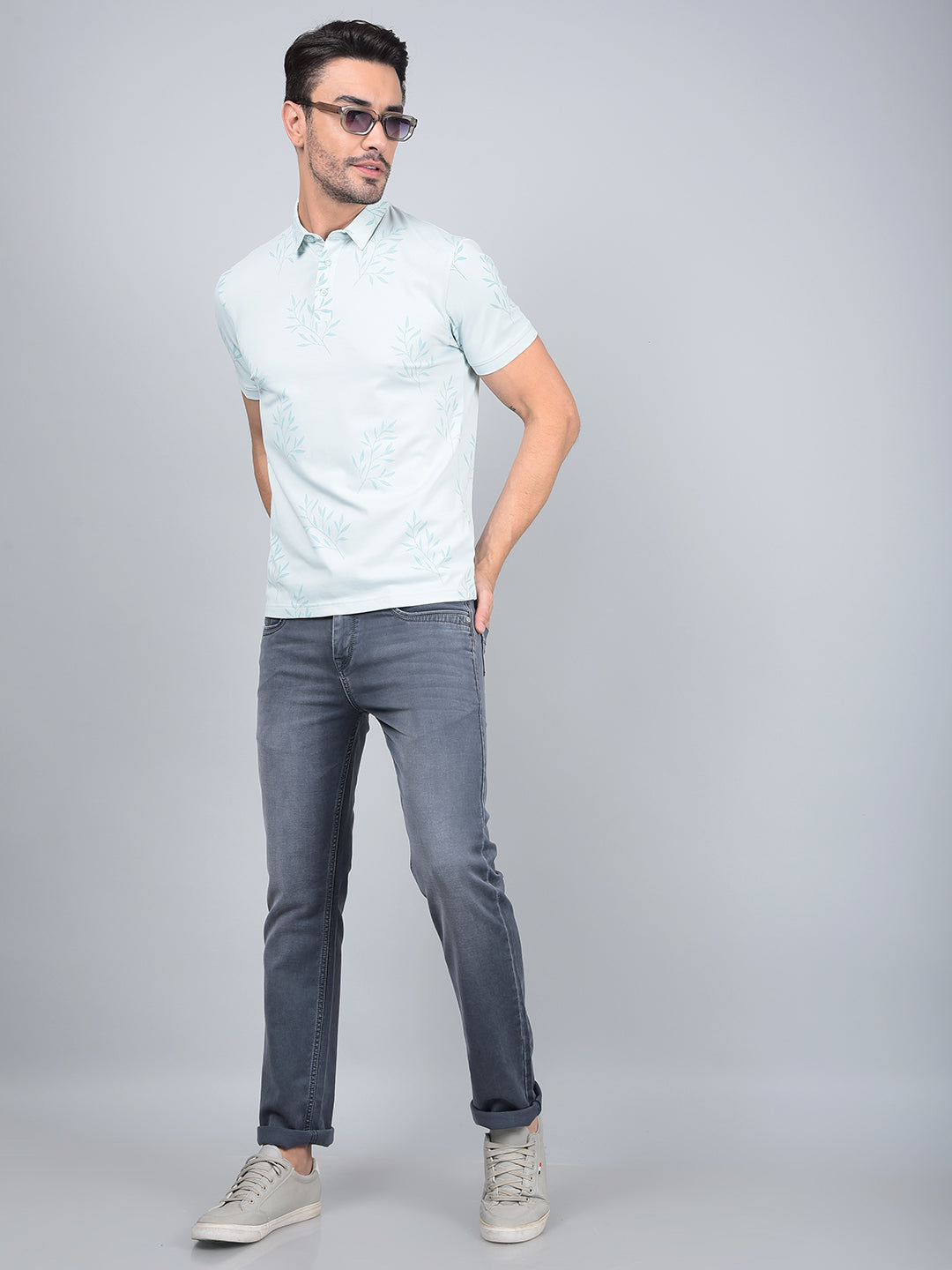 Green Floral Print Polo Neck T-Shirt-Men T-Shirts-Crimsoune Club