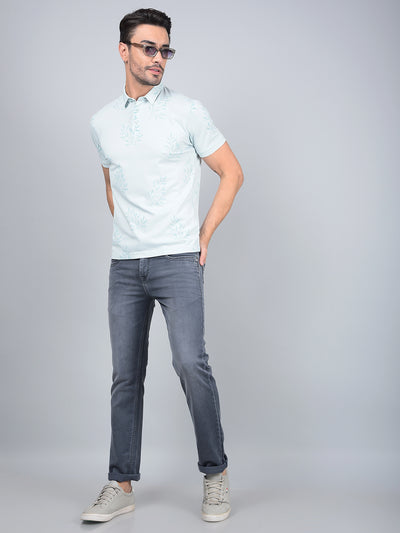 Green Floral Print Polo Neck T-Shirt-Men T-Shirts-Crimsoune Club